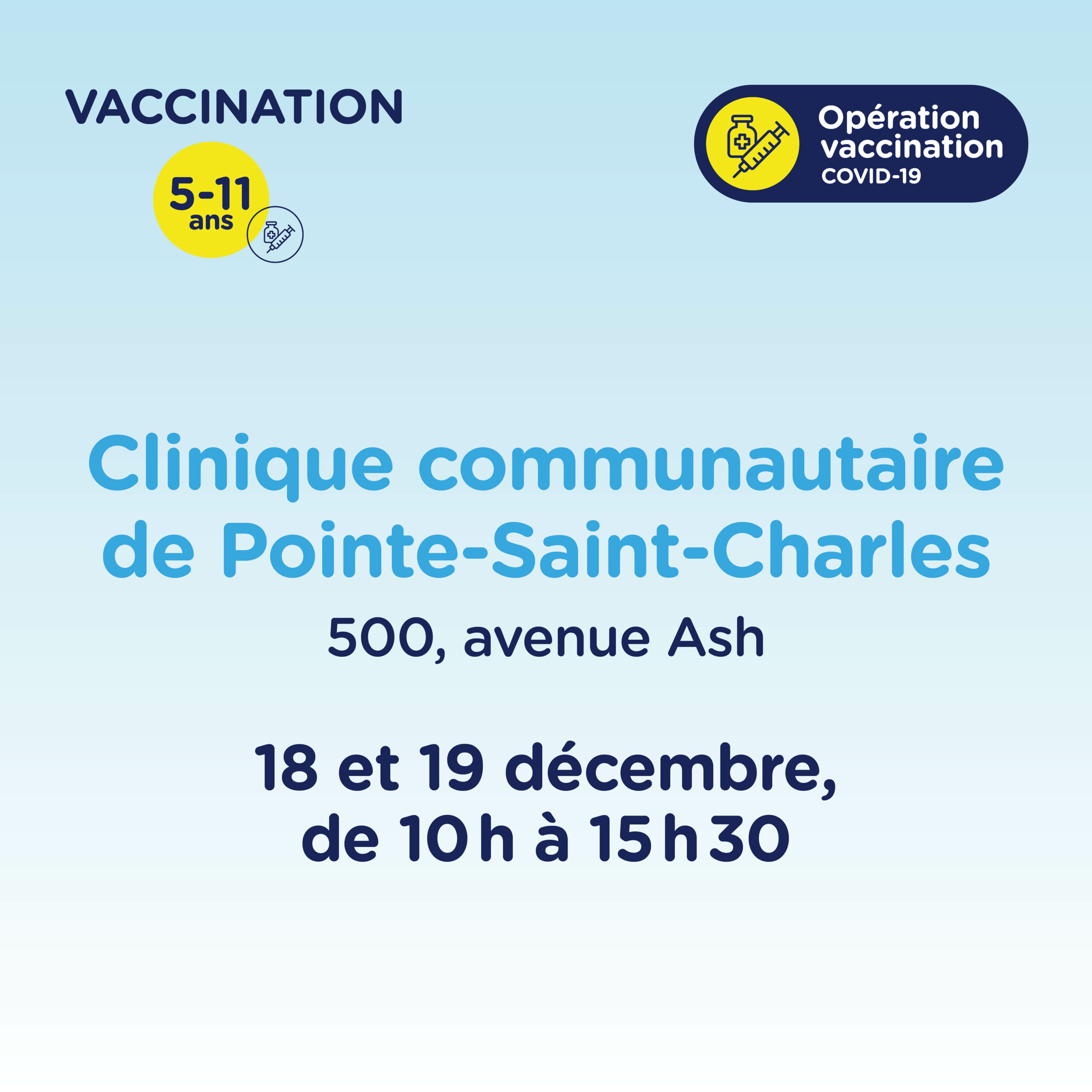 Vaccination COVID-19 pour les 5 à 11 ans le 18 et 19 décembre à la Clinique